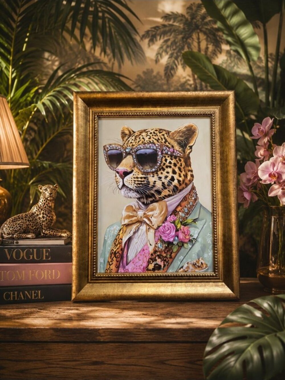 New Glam Lepard Wall Art Hold Framed Chic Animal Portrait Sunglsses Floral Decor
